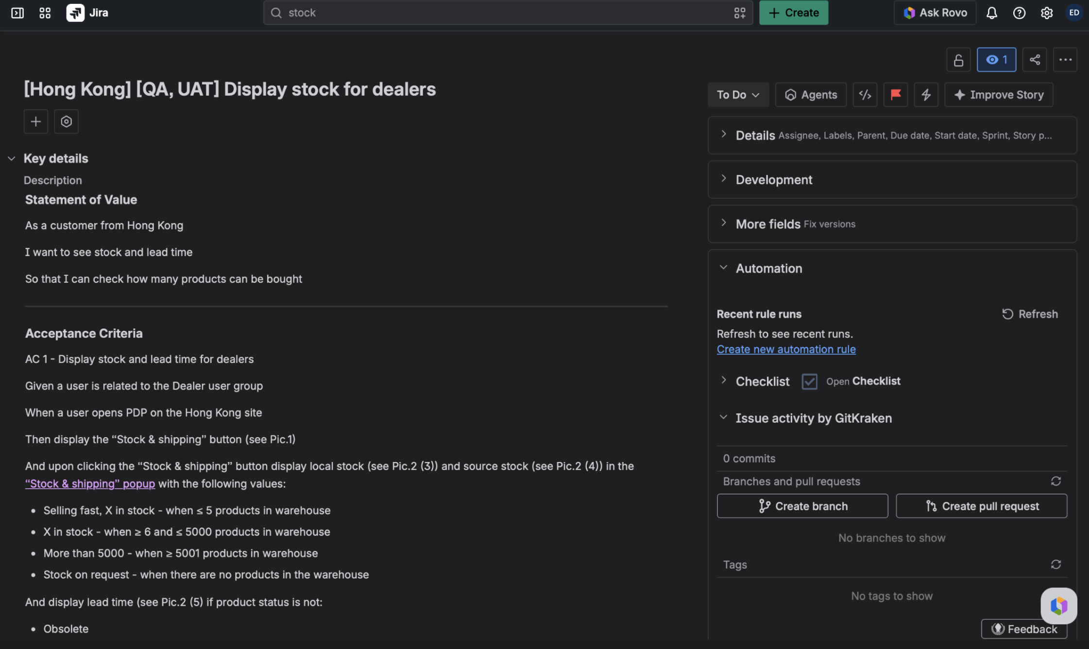 User story — display stock
